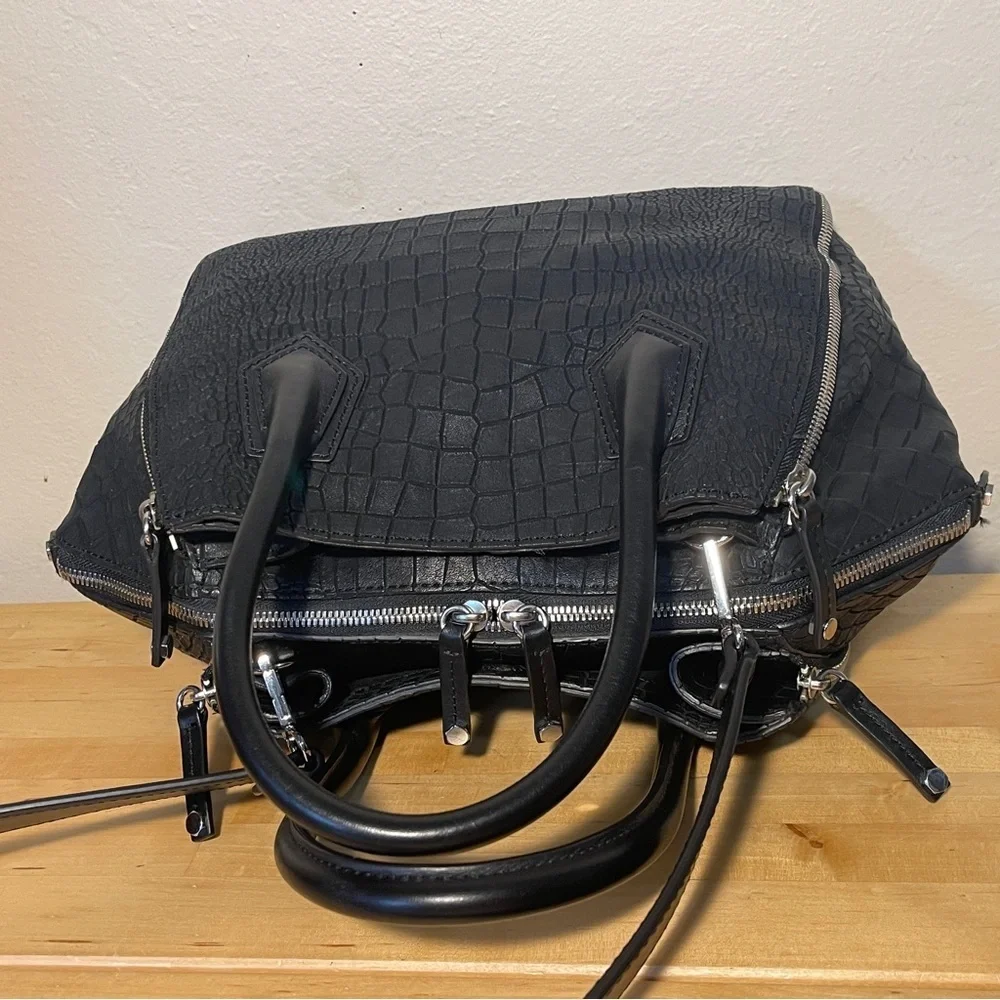 Rebecca Minkoff Perry Croc Embossed Leather Satchel Black Top Handle Crossbody